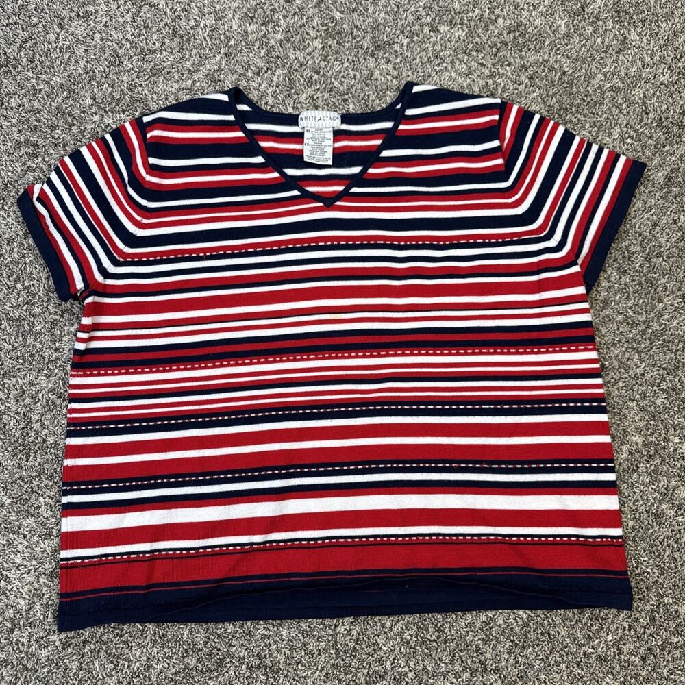 Women’s Vintage Y2K White Stag Red White Blue Striped T-Shirt Size XL‎